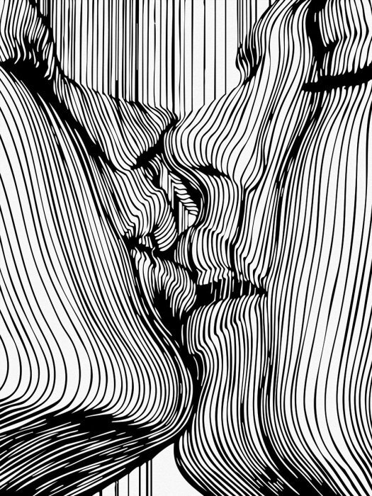 Romantische szene mit einem kuss zwischen zwei frauen – linienillusion