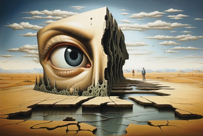 Ein monumentaler block mit einem auge in der landschaft
