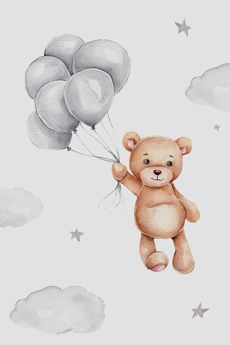 Ein teddybär, der mit luftballons in der hand zwischen den wolken schwebt
