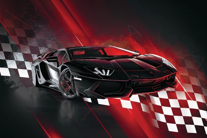 Ein dynamischer sportwagen mit einer flagge im hintergrund