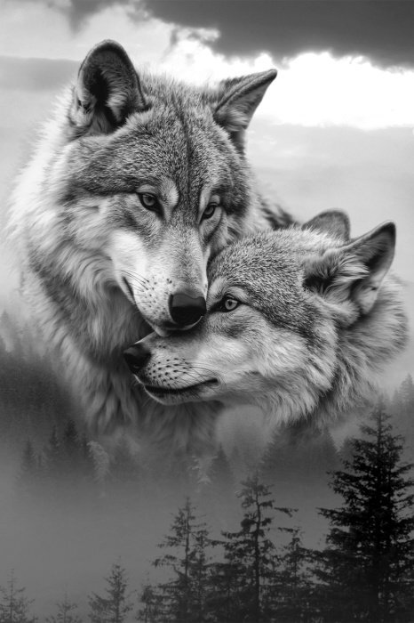 Schwarz-weißer, nebliger wald mit wolfssilhouetten