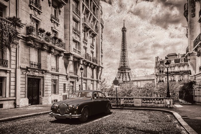 Stilvoller oldtimer mit pariser landschaft