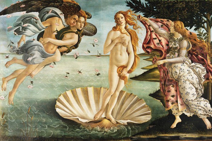 Die geburt der venus, der mythologischen göttin auf einer muschel