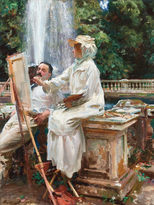 Frau mit staffelei an einem brunnen im park