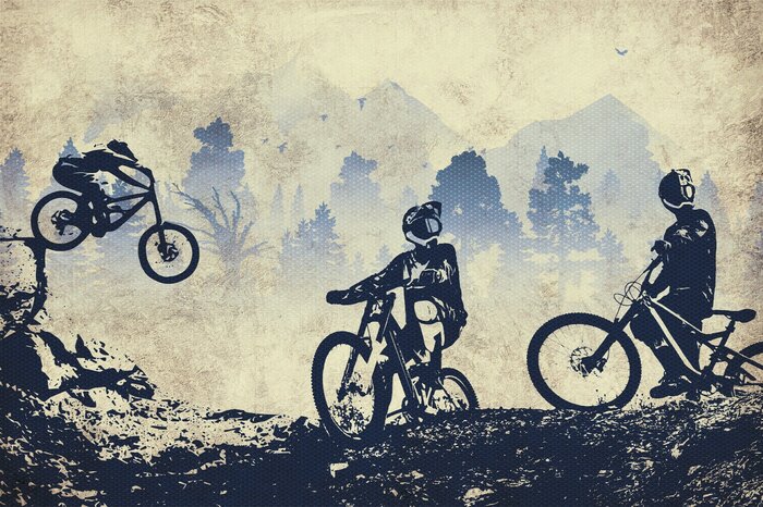 Radfahrer zwischen bäumen und bergen