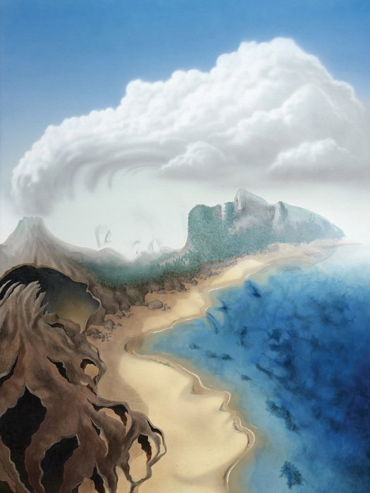 Küstenlandschaft mit menschlichen gesichtern