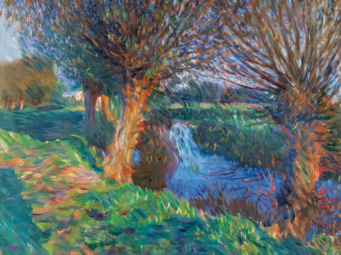 Ein ruhiger fluss, der sich durch grüne bäume schlängelt