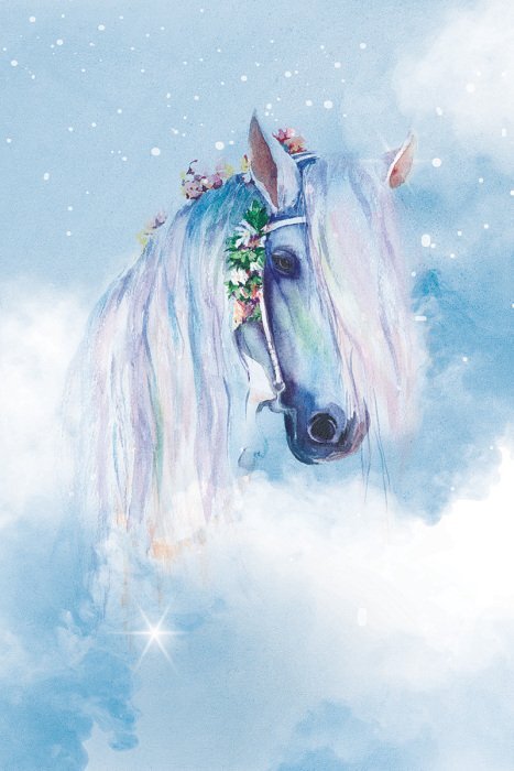 Ein weißes pferd mit einem blumenkranz vor einem hintergrund aus sanften wolken.