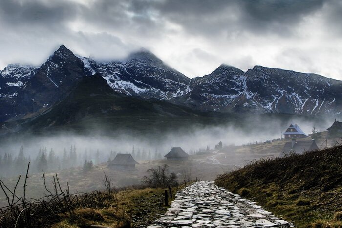 Nebliges panorama der felsberge am morgen