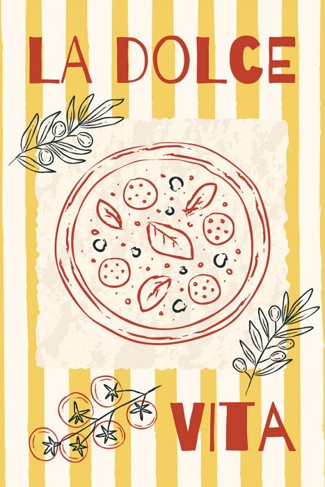 Pizza mit tomaten und oliven unter den beschriftungen