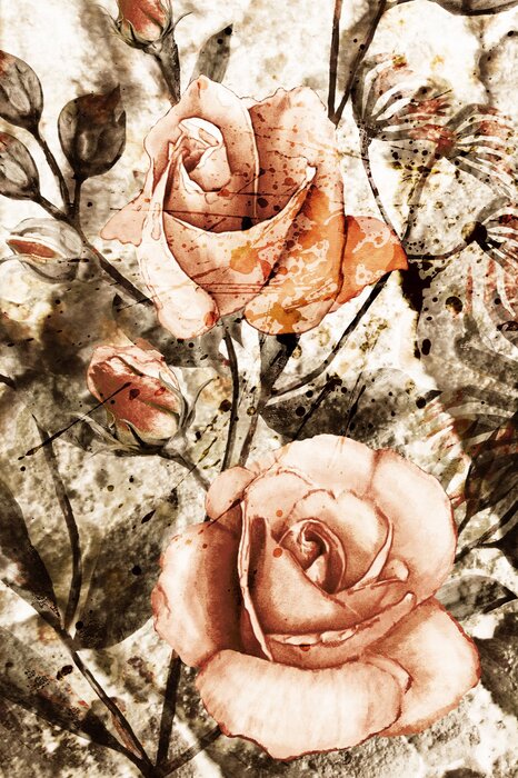 Zarte orangefarbene rosen, umhüllt von grünen blättern