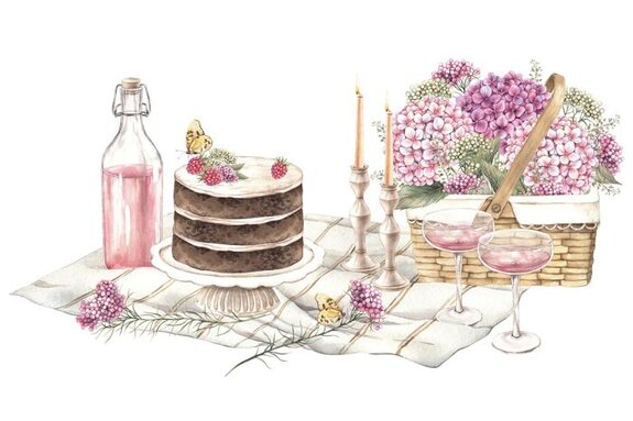 Ein malerisches picknick mit kuchen und blumen