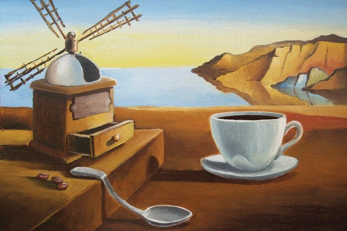 Stillleben mit kaffee und blick auf die bucht