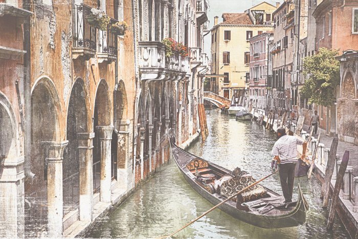 Venezianische architektur, umgeben von klassischen gondeln