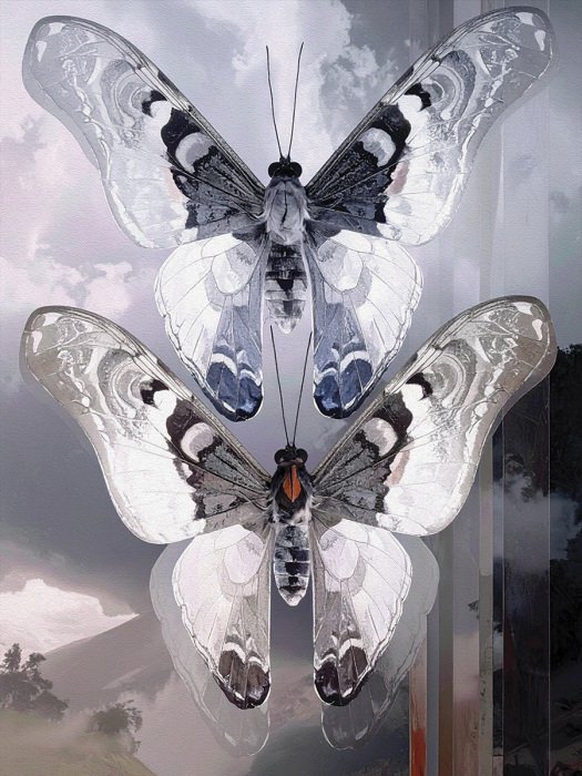 Kontrastreiche schmetterlingssilhouetten im grünen des waldes