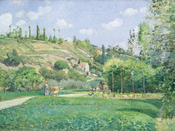 Eine friedliche ländliche landschaft mit einer grasenden kuh