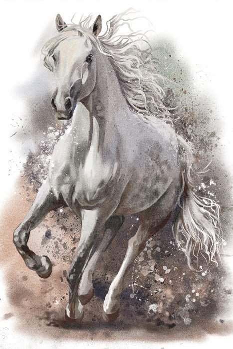 Aquarellgemälde eines galoppierenden weißen pferdes in bewegung