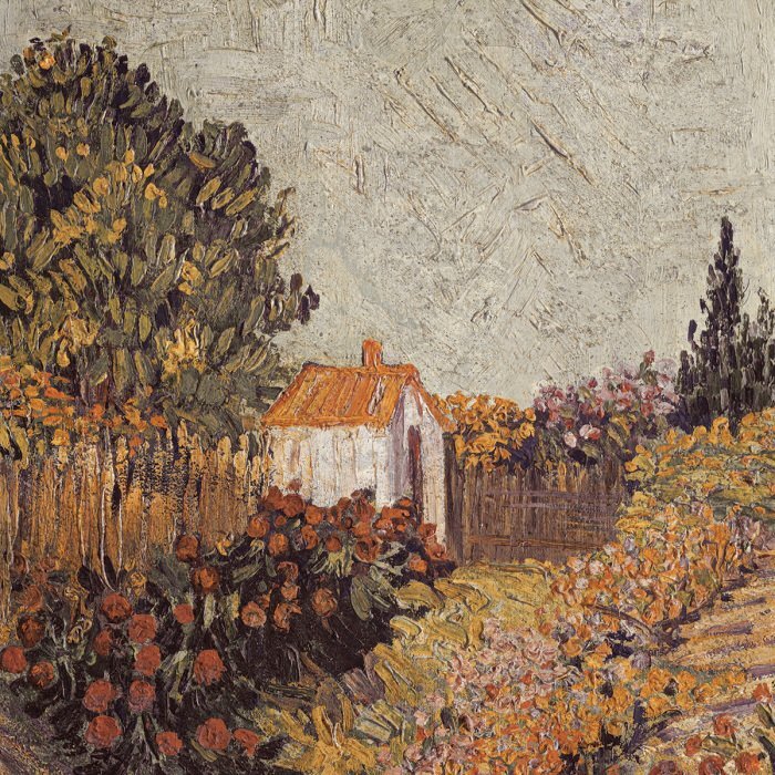 Ein ruhiges dorf inmitten von blumen und grünen plantagen