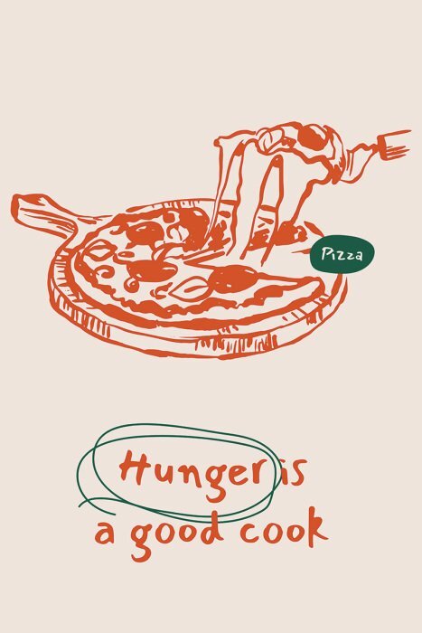 Eine minimalistische zeichnung einer pizza mit zähflüssigem käse