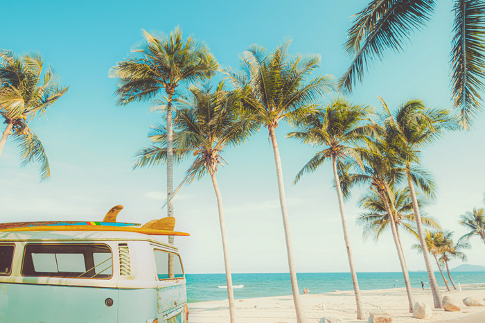 Ein wohnmobil mit surfbrett und palmen vor dem meer