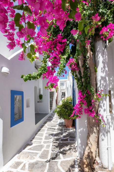Eine sonnige gasse auf einer griechischen insel
