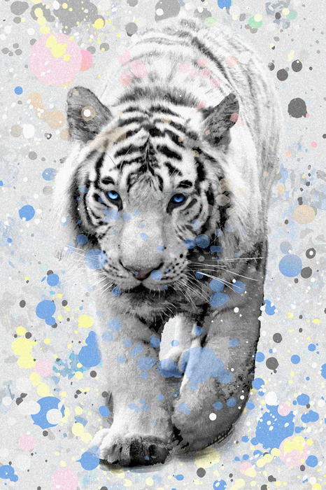 Ein weißer tiger vor einem hintergrund aus bunten flecken