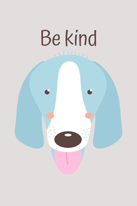Illustration eines blauen hundes und der worte „sei nett“
