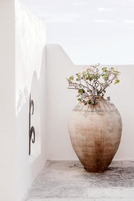 Tonblumentopf auf dem balkon