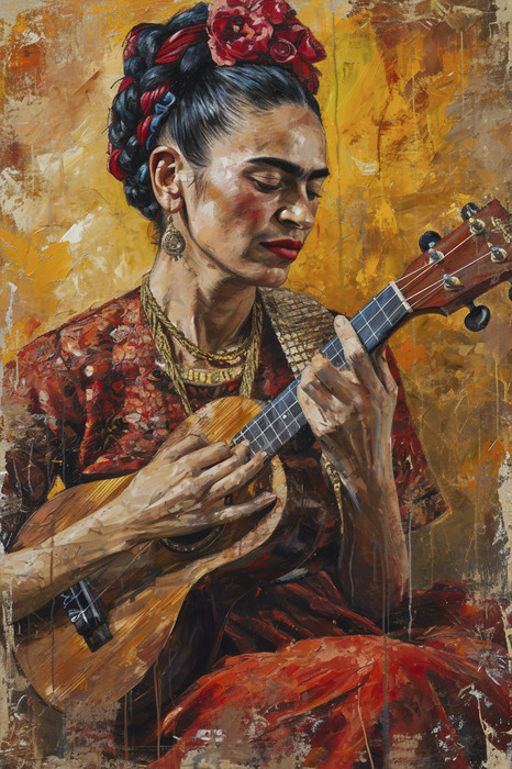 Porträt von frida kahlo mit einer ukulele vor gelbem hintergrund
