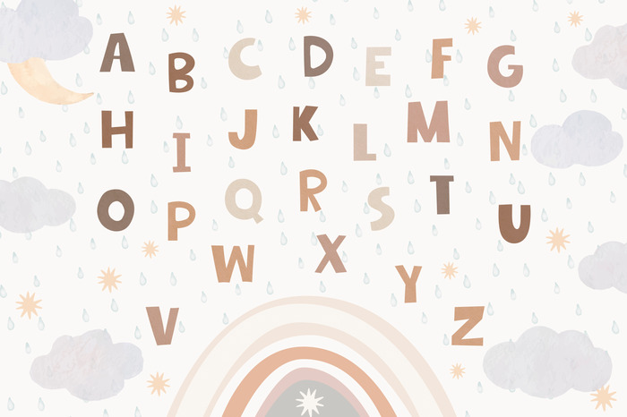 Eine zarte illustration des alphabets mit einem regenbogen