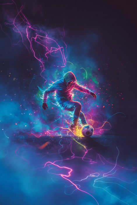 Farbenfrohe silhouette eines fußballspielers vor abstraktem hintergrund