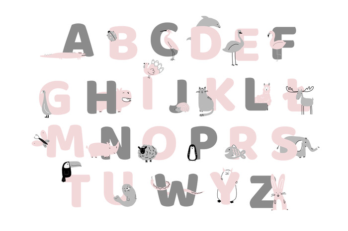 Zartes rosa alphabet mit tieren