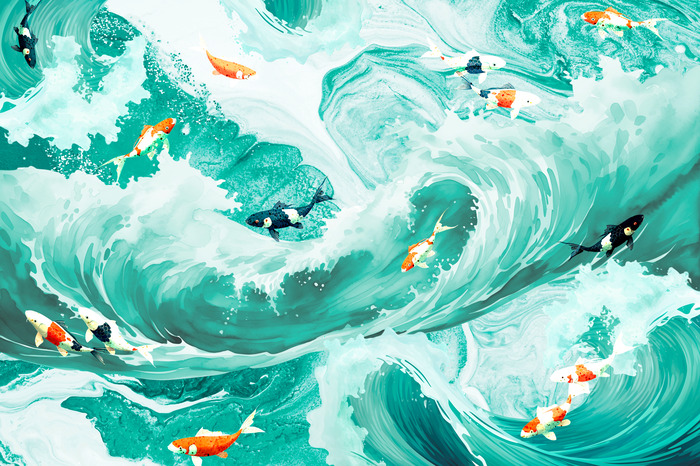 Koi-karpfen schwimmen im türkisfarbenen wasser