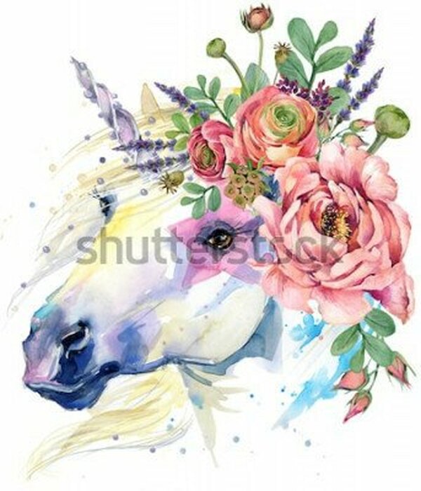 Einhornkopf-grafik im aquarellstil mit blumen