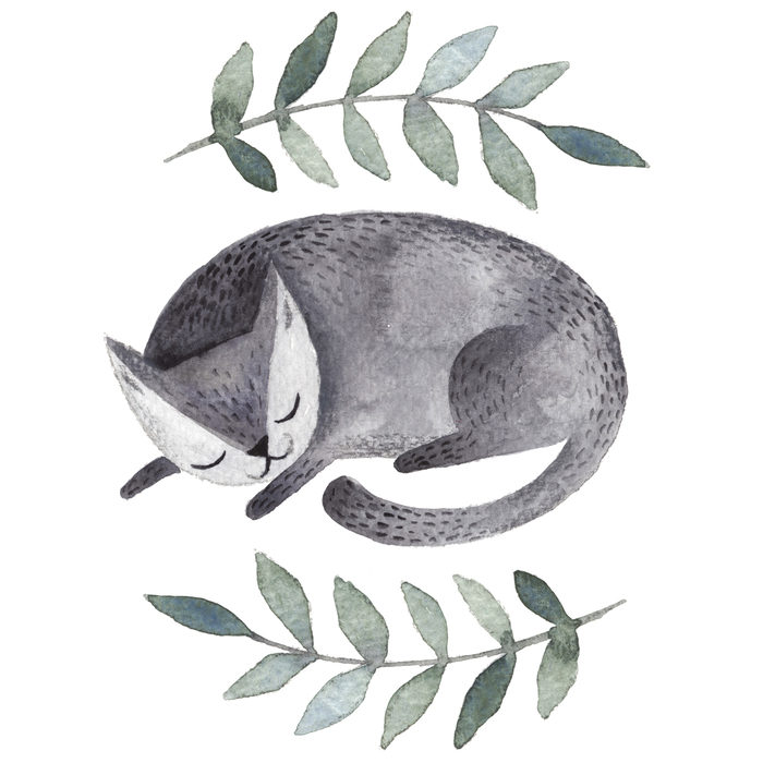 Fototapete Schlafende Katze und grüne Blätter