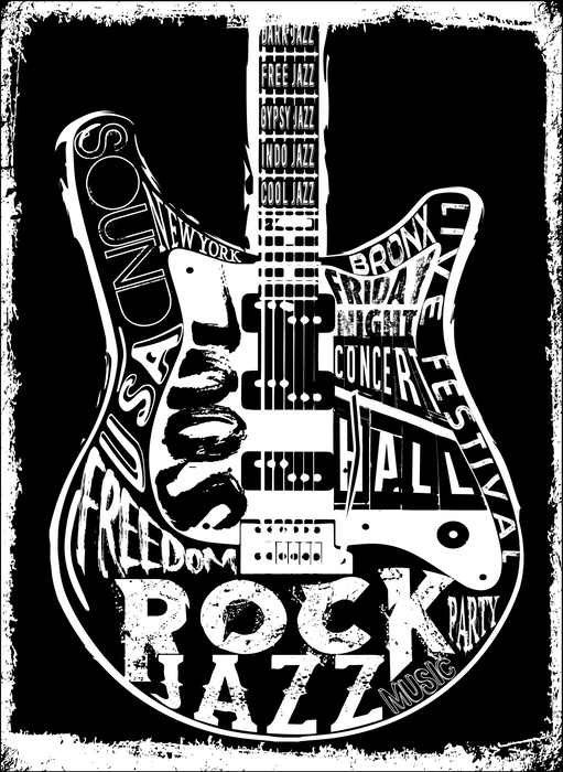 Poster Eine Gitarre auf schwarzem Hintergrund in Form einer Zeichnung