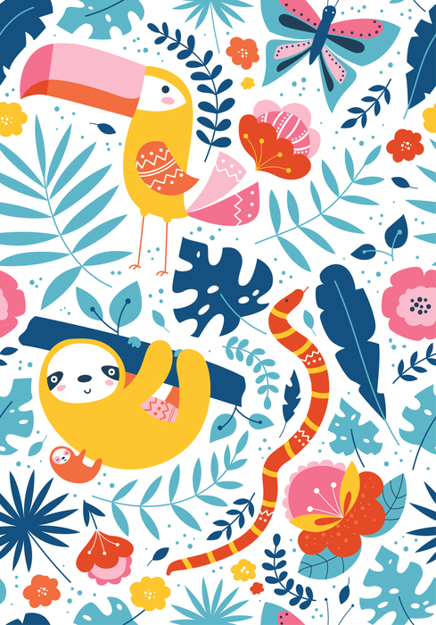 Poster Tukan Faultier und Schlange zwischen exotischen Pflanzen