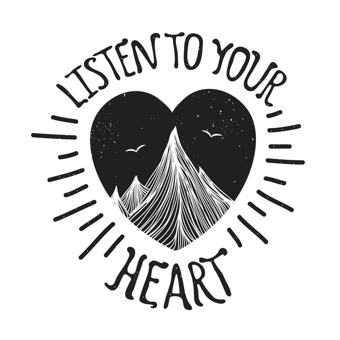 Poster Ein Herz mit einer Berglandschaft und den Worten „Hör auf dein Herz“