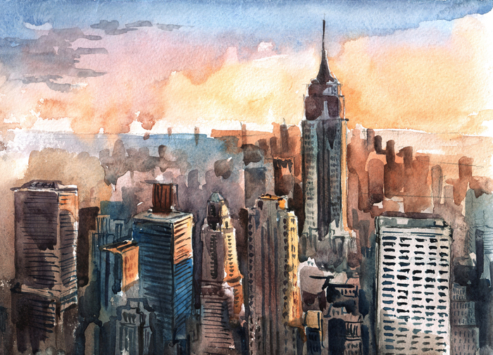 Fototapete Aquarell von Manhattan-Wolkenkratzern bei Sonnenuntergang - New York City ragt hoch
