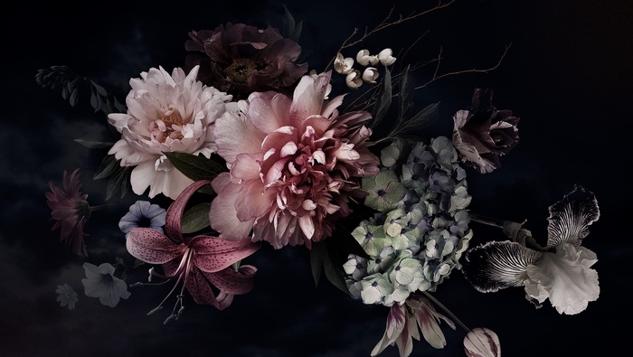 Fototapete Peonies, hydrangea, lily, iris and tulips in bloom. Vintage bouquet of beautiful garden flowers on black. Floristic decoration. Floral background. Baroque style.