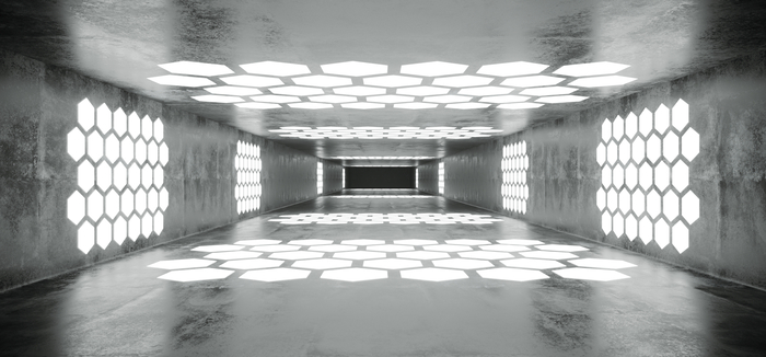 Fototapete Futuristischer Betonraum auf einem Raumschiff