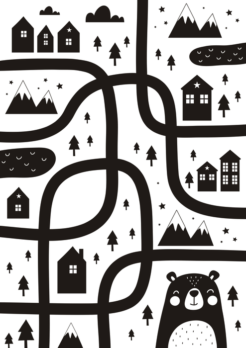 Poster Schwarz-weiße Stadt mit einer Straße und einem Bären