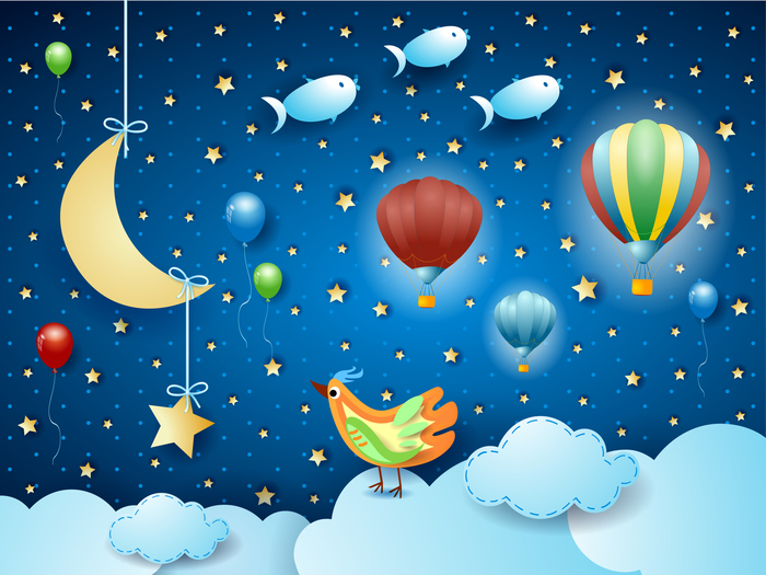 Poster Mond, Sterne und Luftballons zwischen den Wolken