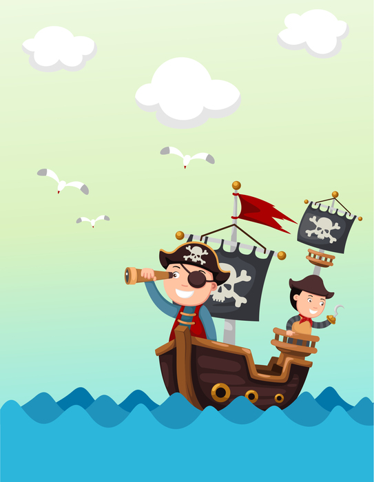 Poster Piraten auf See schauen durch ein Teleskop