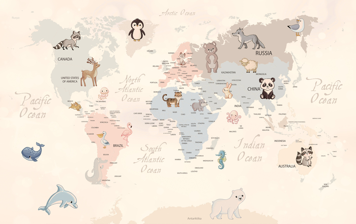 Fototapete Animals world map for kids wallpaper design