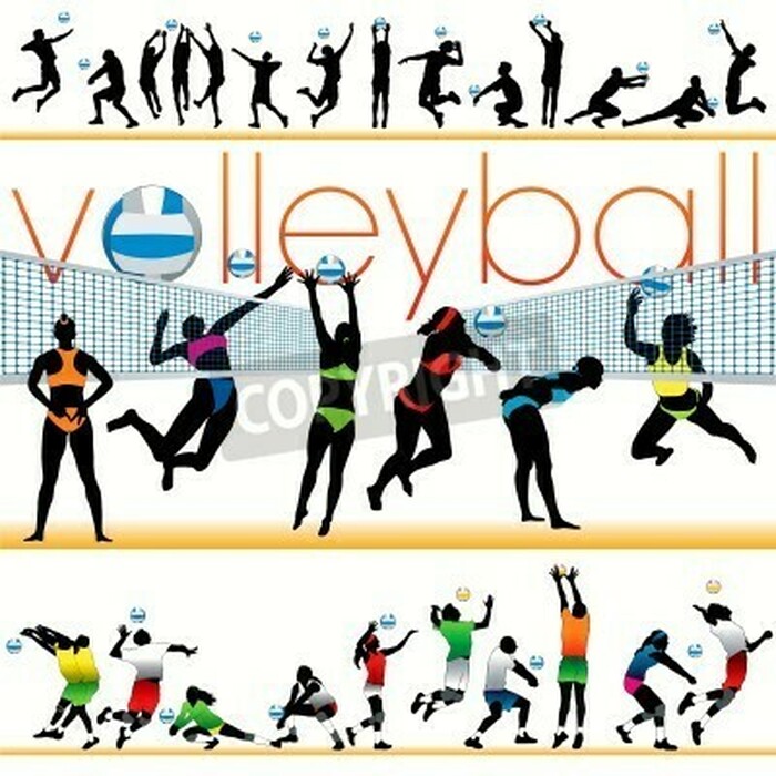 Poster Volleyball-Beschriftung und Spieler in verschiedenen Posen