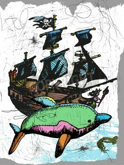 Fototapete Zeichnung vom Piratenschiff und Delfin