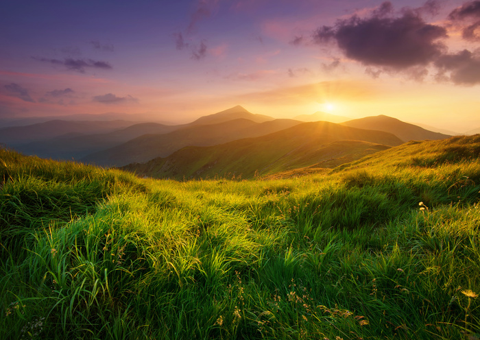 Fototapete Grasfeld und Berge bei Sonnenuntergang