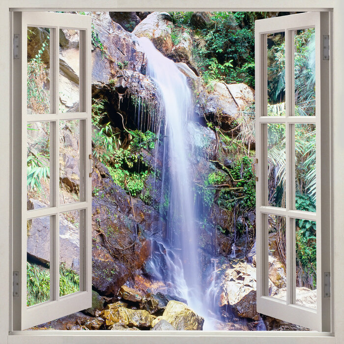 Fototapete Blick durch ein Fenster auf einen Wasserfall