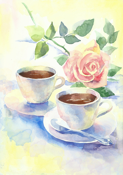 Romantique petit déjeuner à café et a rose rose à main peint à aquarelle illustration